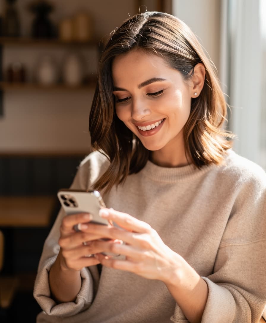 Someone smiling while adding their photos on a phone